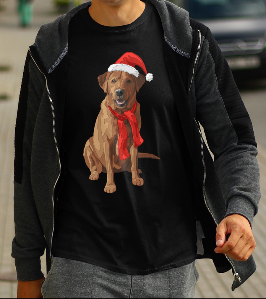 Red Labrador Retriever Dog With Christmas Santa Hat And Scarf T-Shirt
