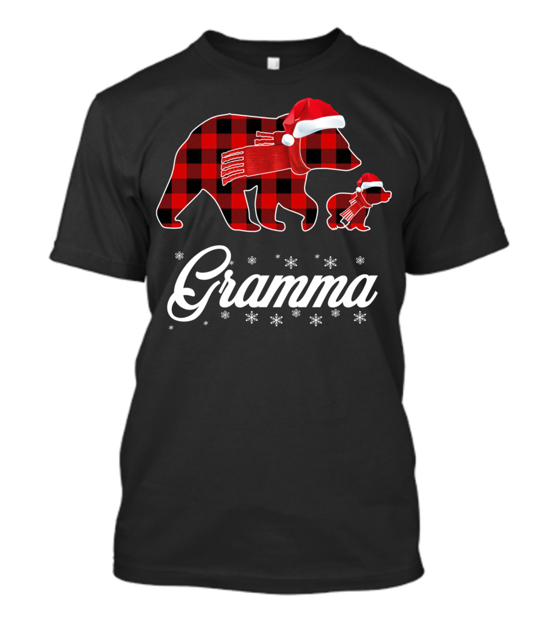 Gramma Bear Red Plaid Buffalo Check Santa Hat Snowflakes T-Shirt