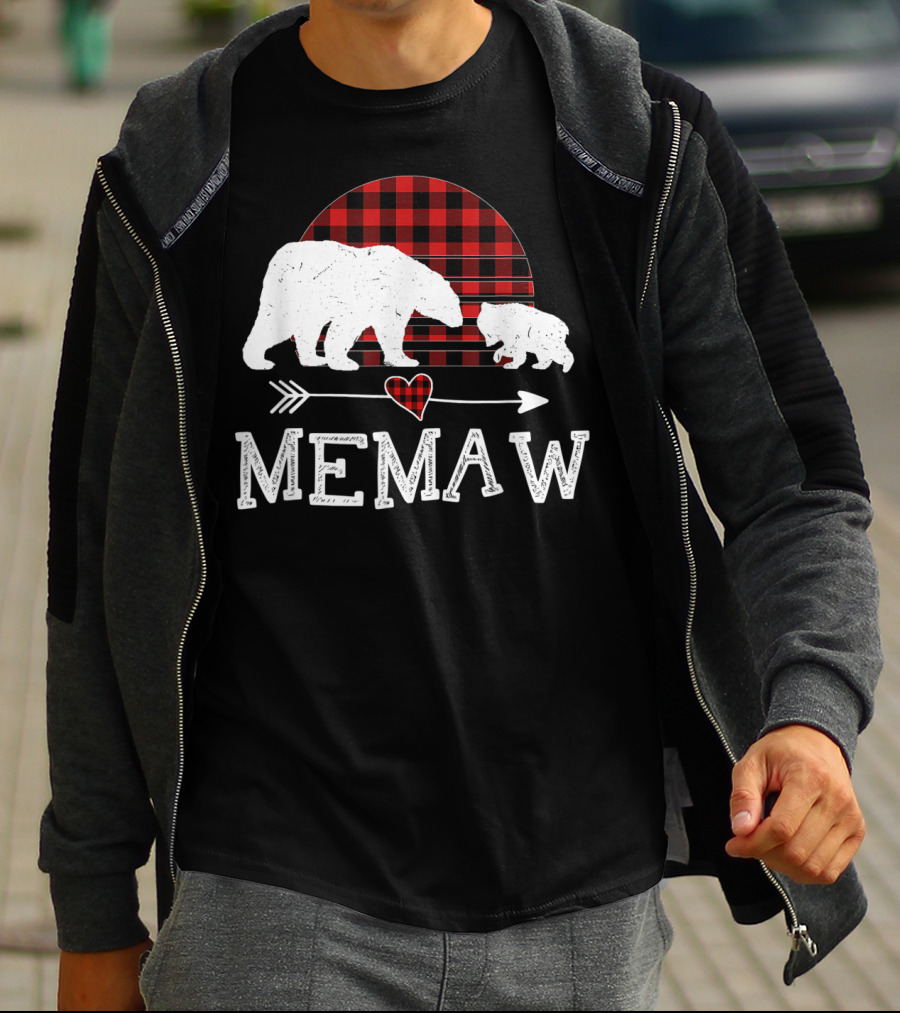 Memaw Bear With Red Plaid Buffalo Check And Heart Arrow T-Shirt