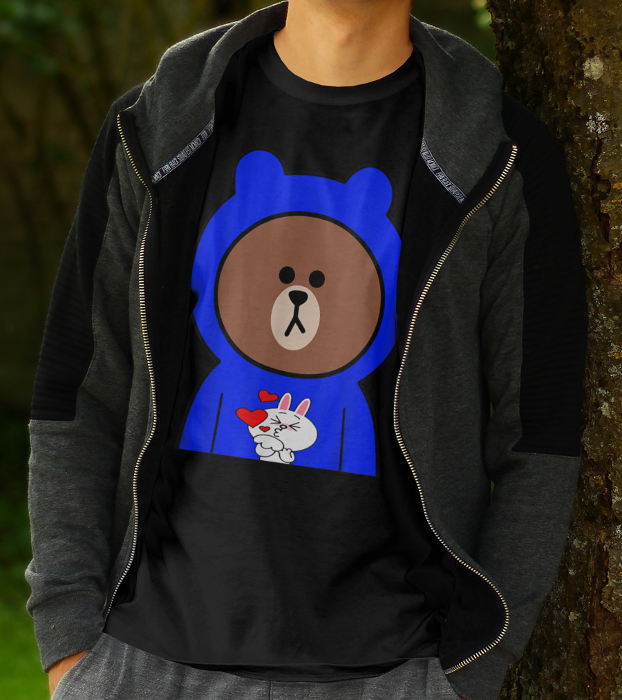 Brown Bear In Blue Hoodie With Cony Bunny Love Hearts T-Shirt