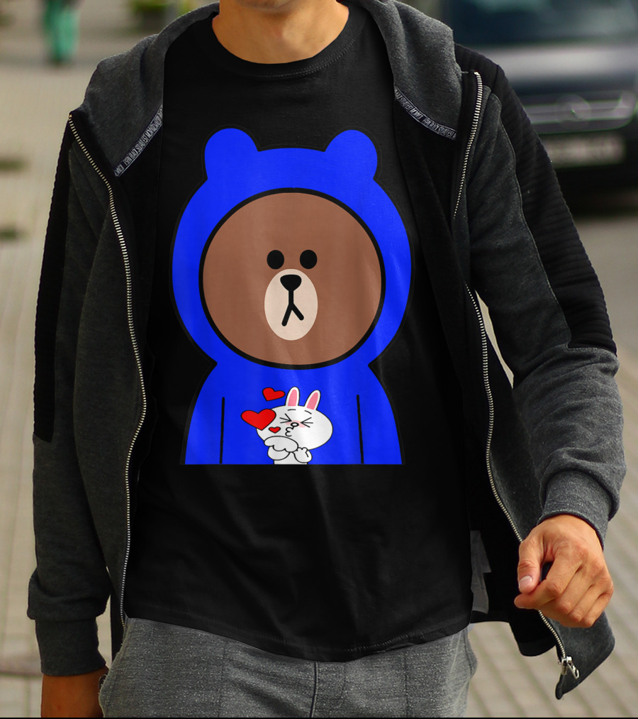 Brown Bear In Blue Hoodie With Cony Bunny Love Hearts T-Shirt