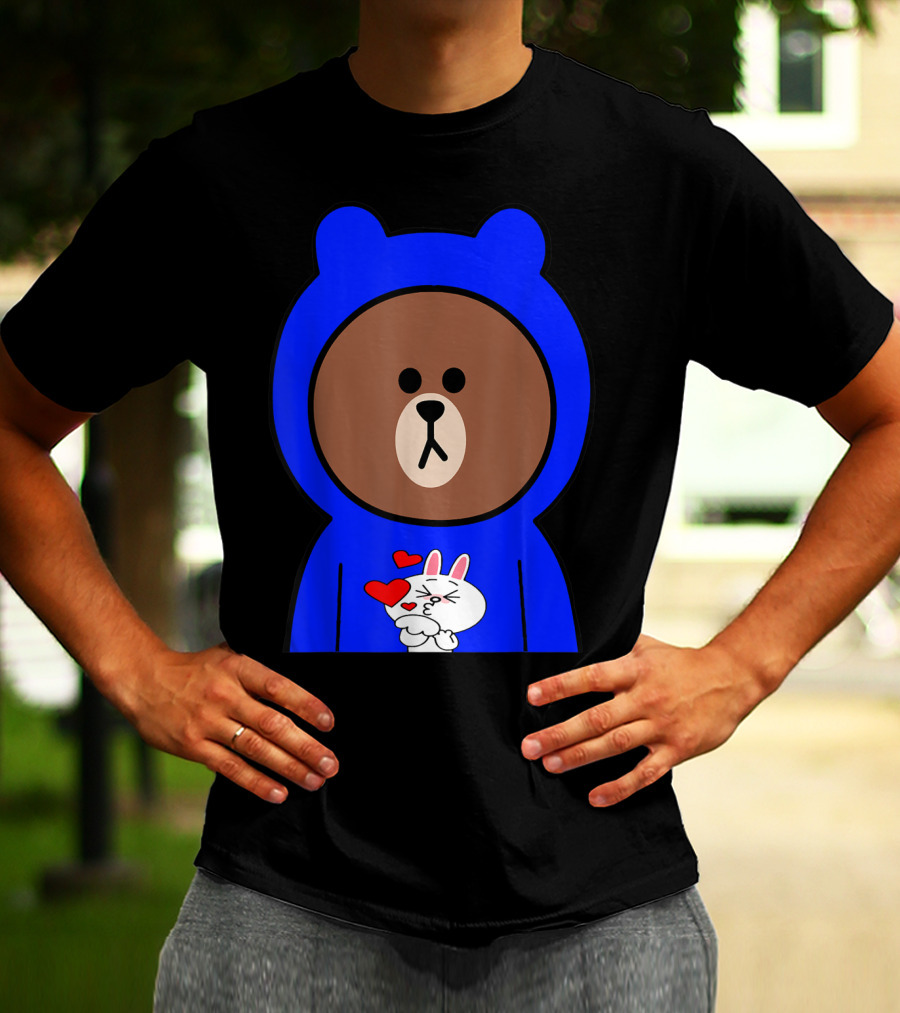 Brown Bear In Blue Hoodie With Cony Bunny Love Hearts T-Shirt
