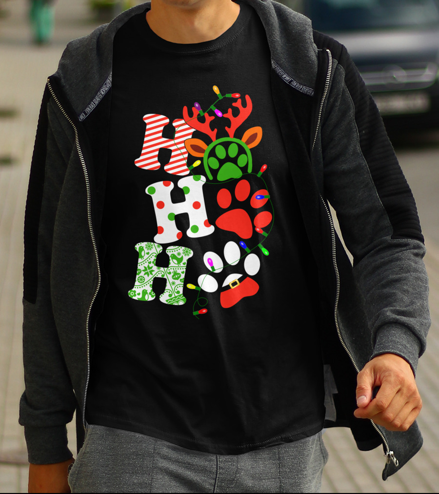 Ho Ho Ho Christmas Dog Paw Santa Lights Reindeer Antlers T-Shirt