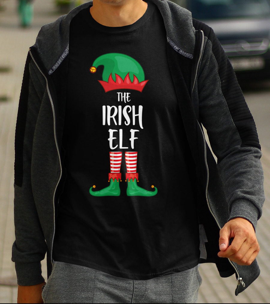 The Irish Elf Christmas Party Holiday Outfits With Green Hat And Striped Pants T-Shirt