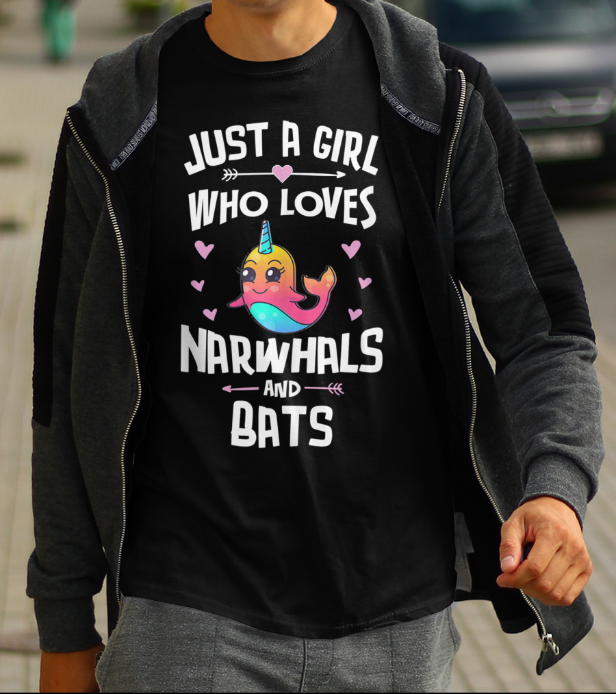 Just A Girl Who Loves Narwhals And Bats Cute Rainbow T-Shirt