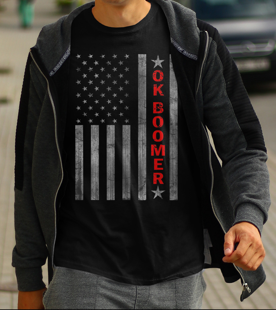 Ok Boomer Vertical Red Text On Distressed American Flag T-Shirt