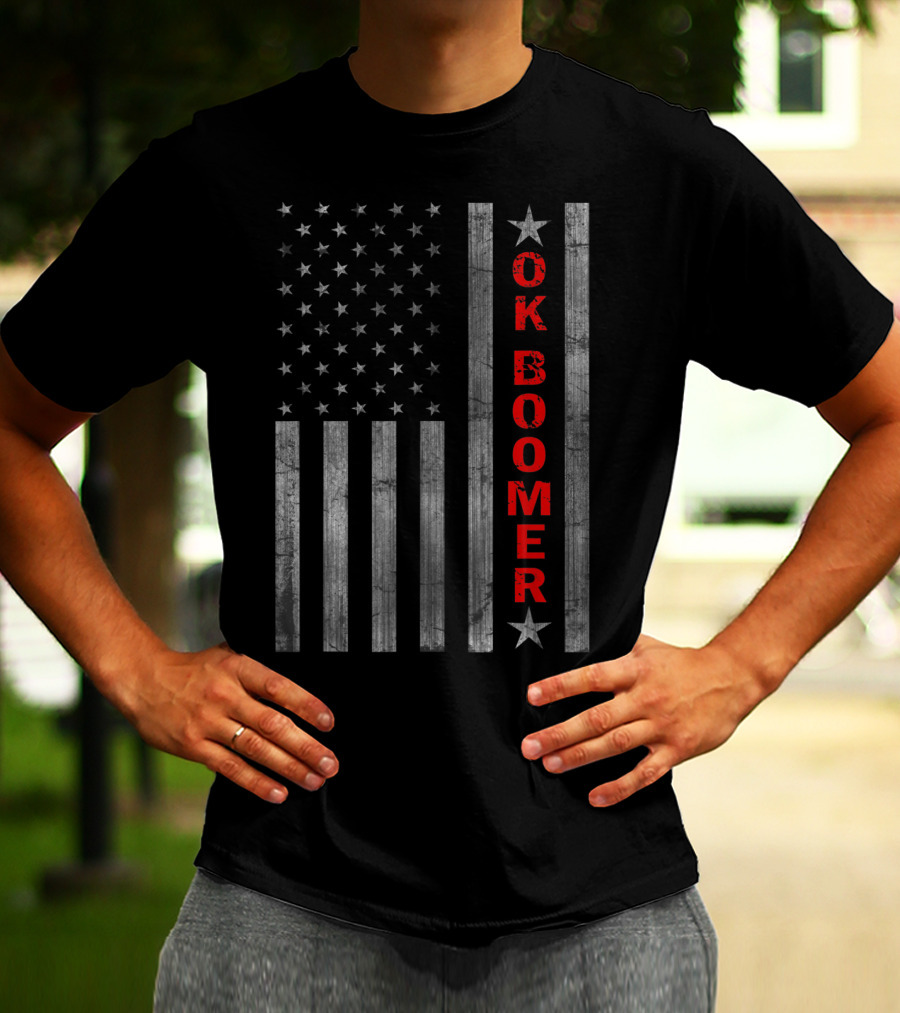 Ok Boomer Vertical Red Text On Distressed American Flag T-Shirt