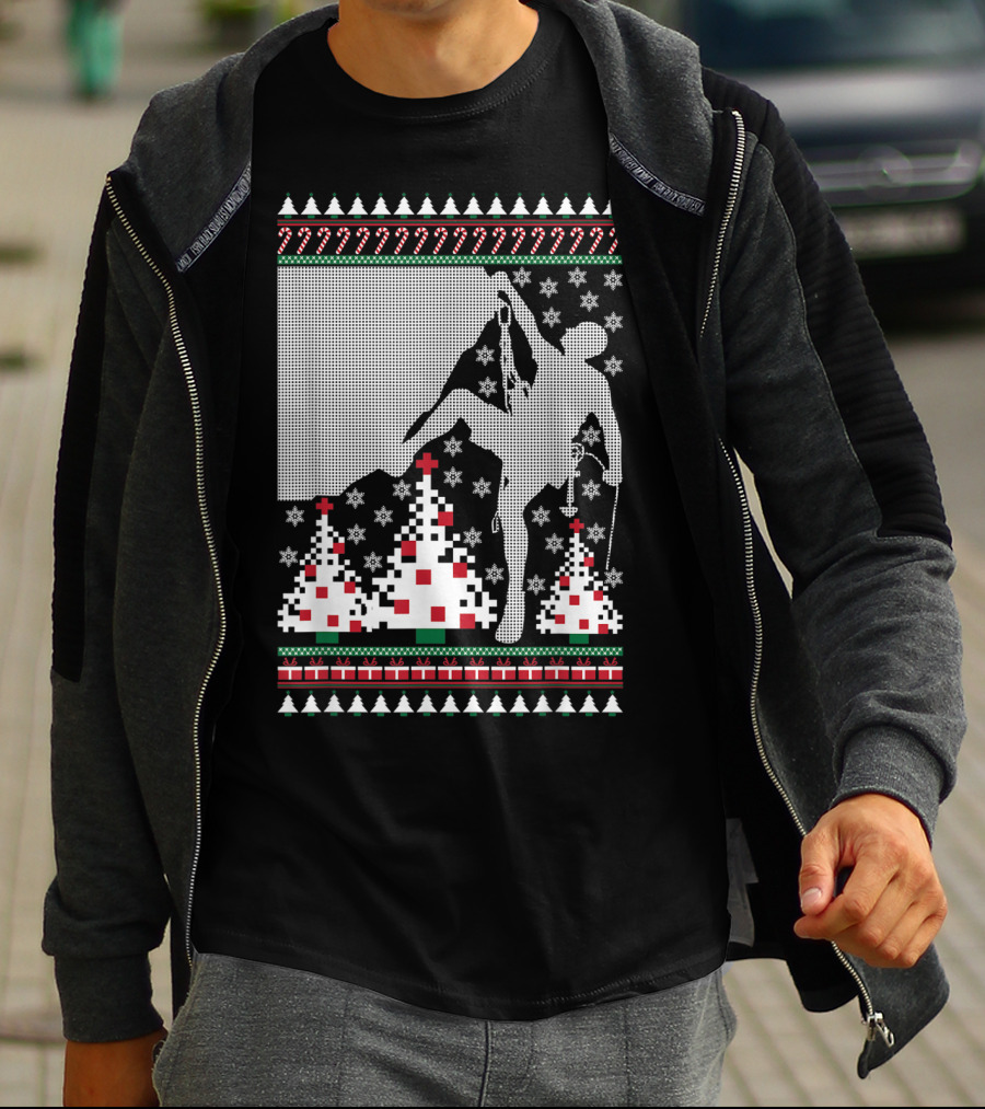 Rock Climbing Ugly Christmas Holiday Tree Pixel T-Shirt