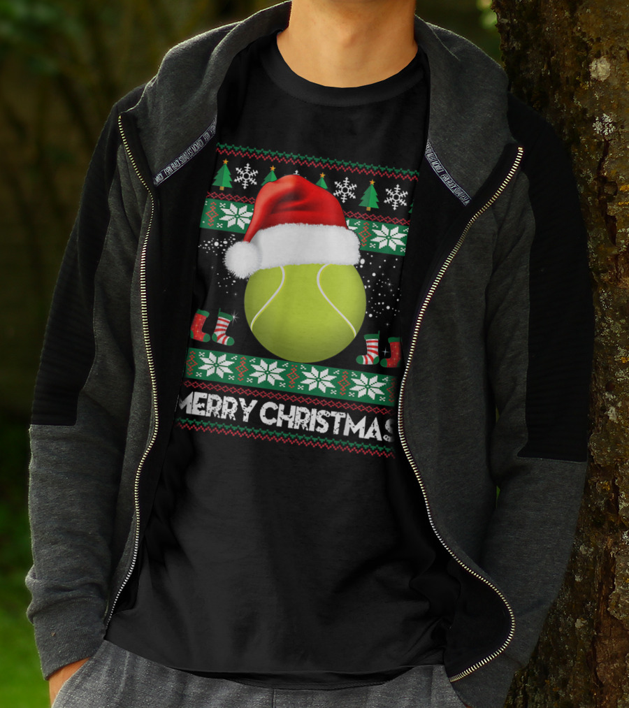 Merry Christmas Santa Hat Tennis Baum Pullover Snowflakes T-Shirt