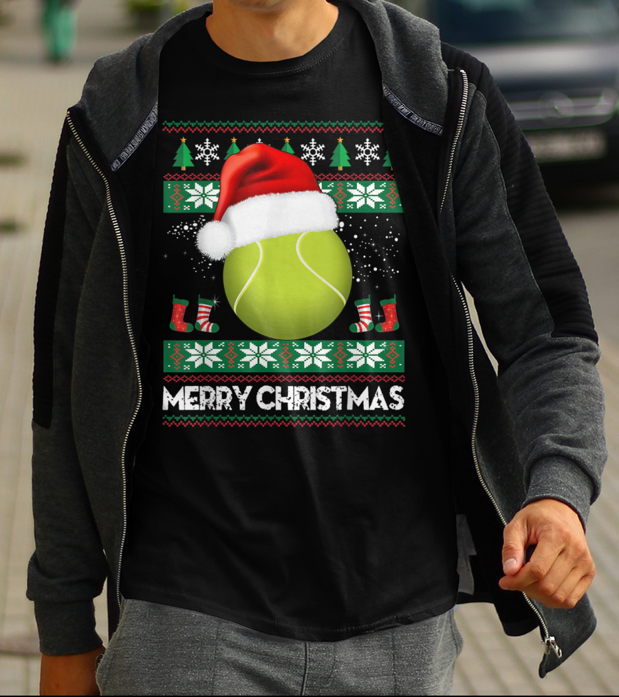 Merry Christmas Santa Hat Tennis Baum Pullover Snowflakes T-Shirt