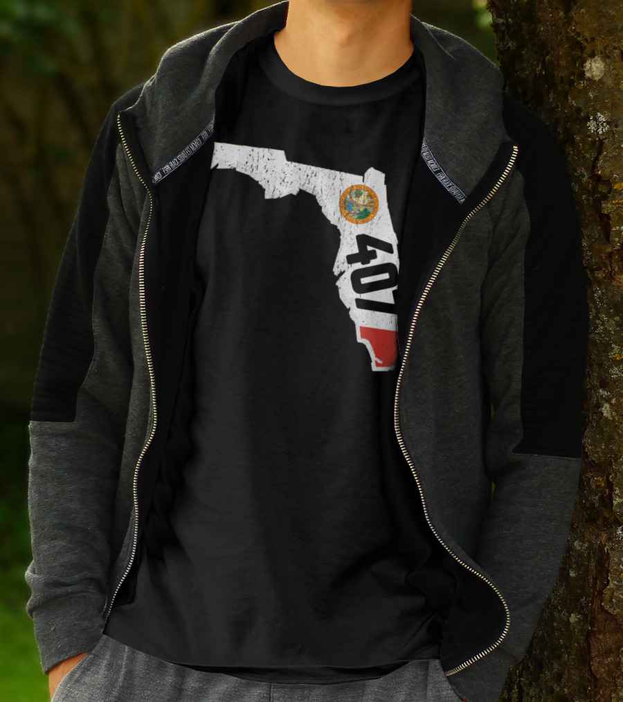 Florida Map Outline With State Seal And 407 Area Code T-Shirt