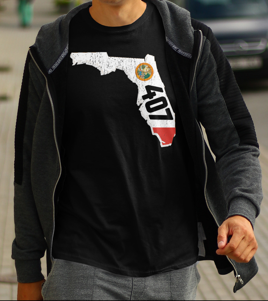 Florida Map Outline With State Seal And 407 Area Code T-Shirt