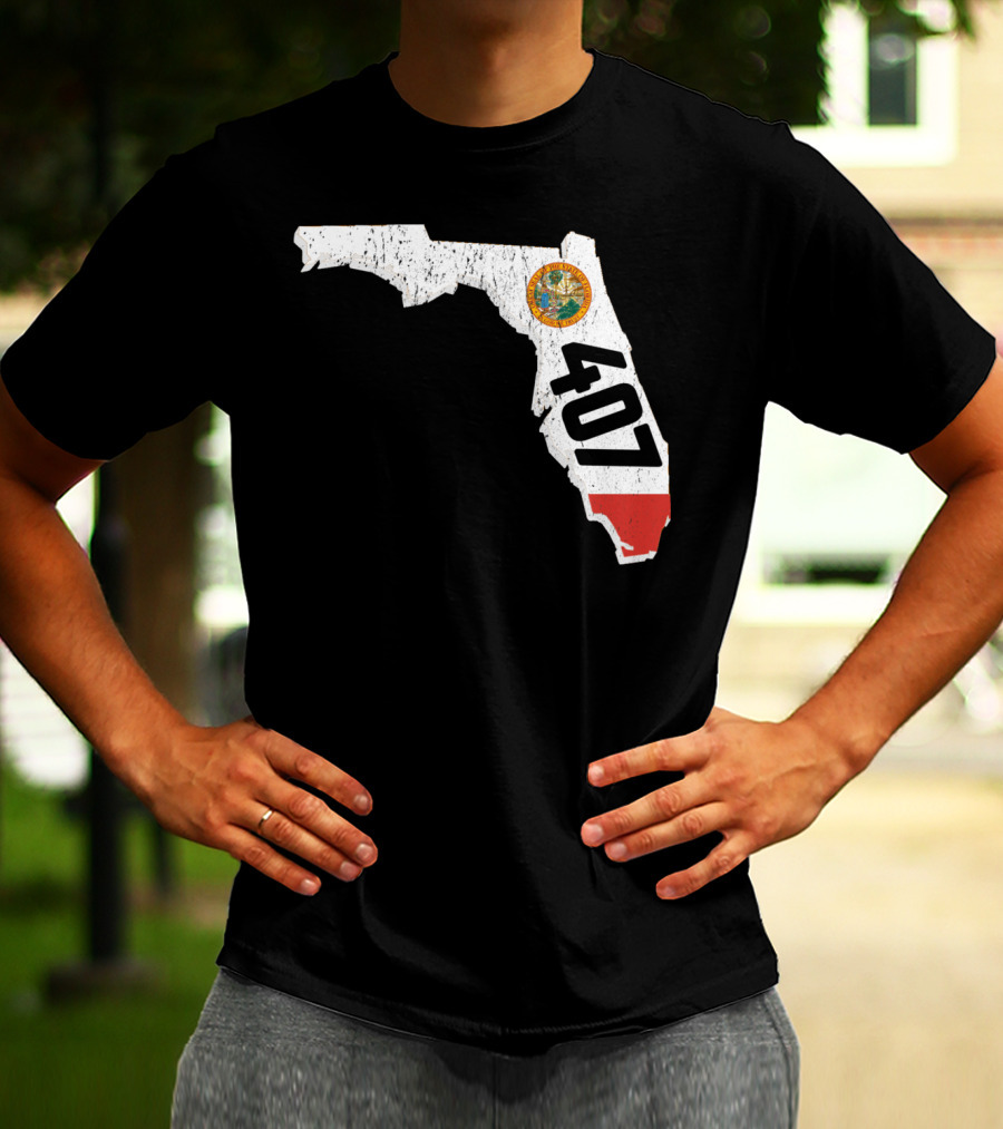Florida Map Outline With State Seal And 407 Area Code T-Shirt
