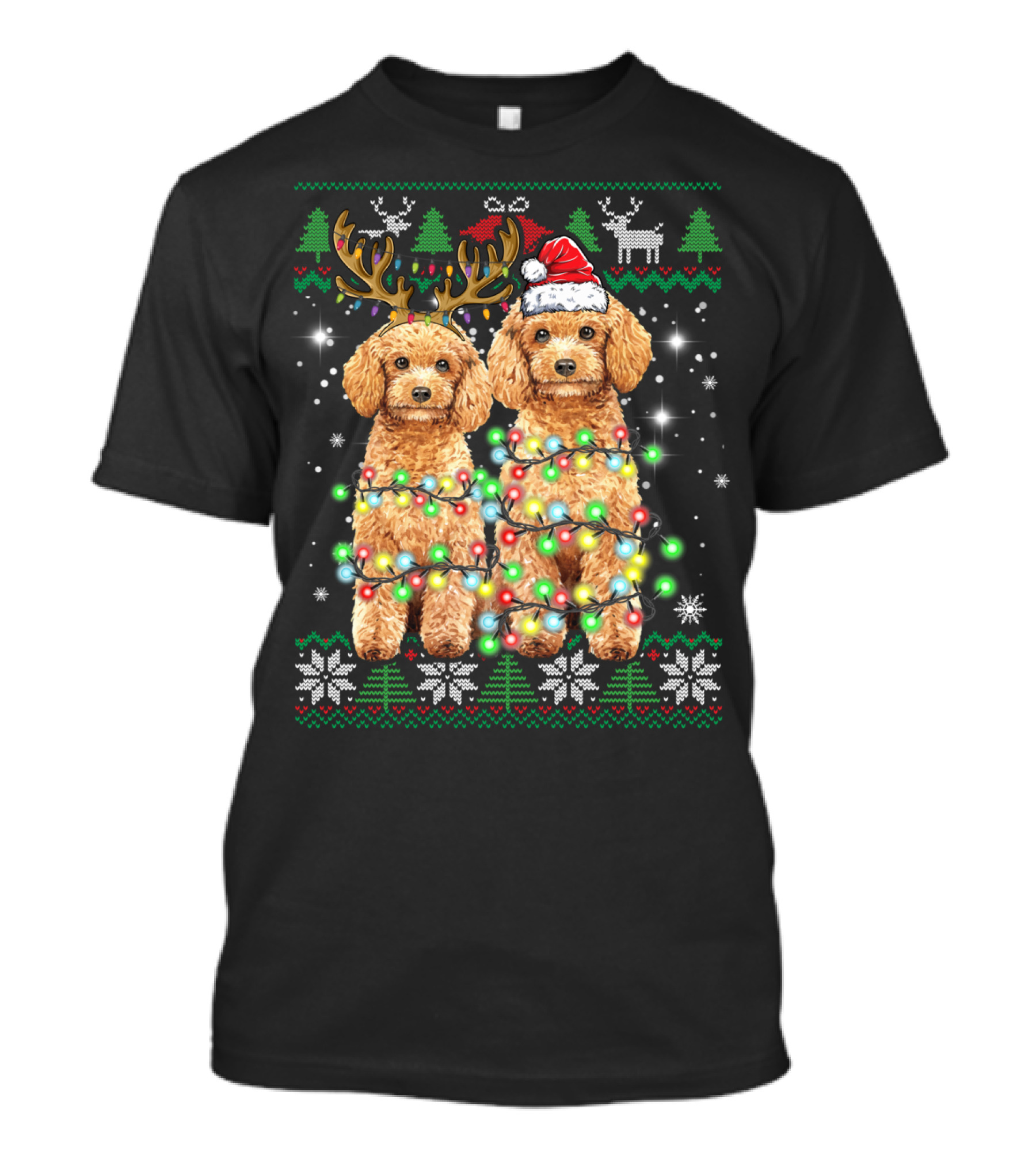 Poodle Dog Ugly Christmas Reindeer Hat Lights Puppy Funny Dog T-Shirt