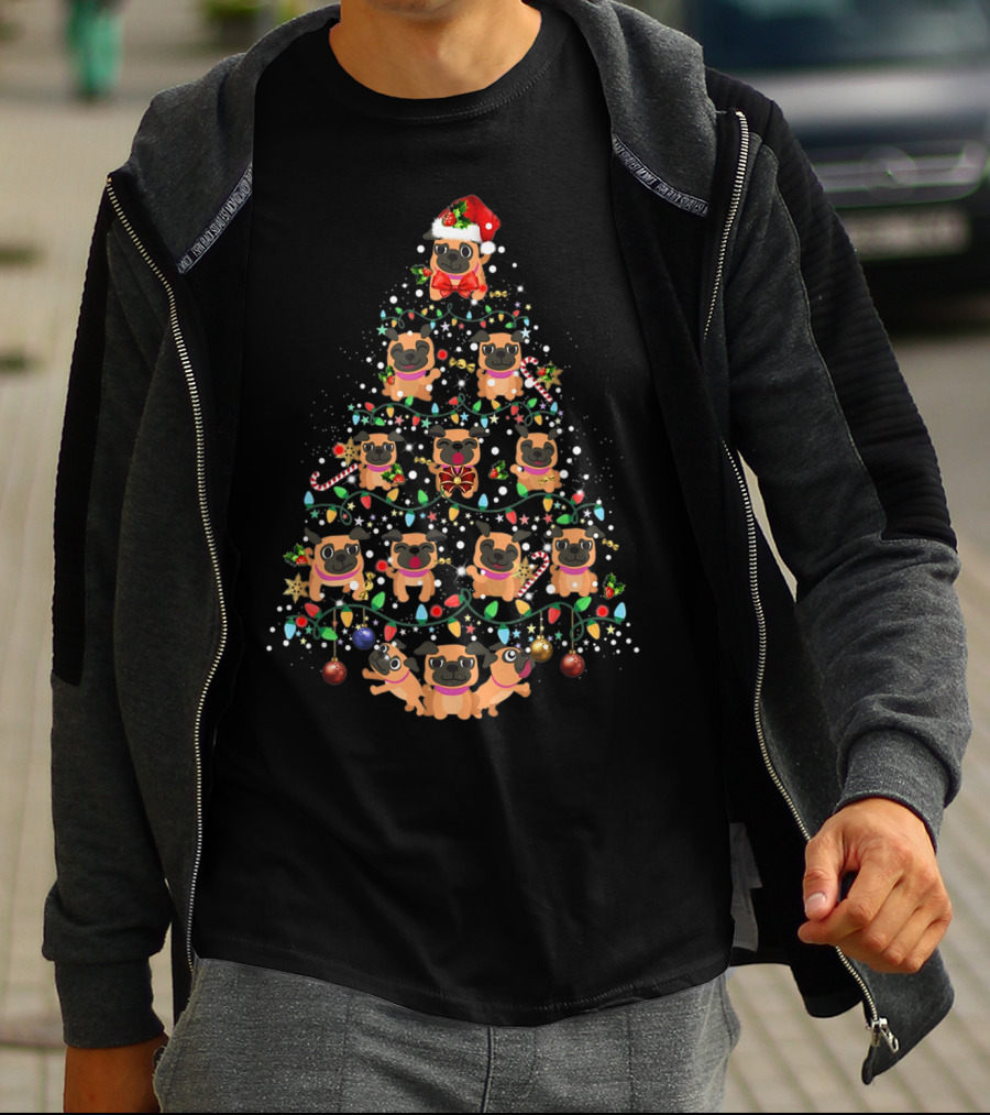 Pug Dog Christmas Tree With Santa Hat And Holiday Decorations T-Shirt
