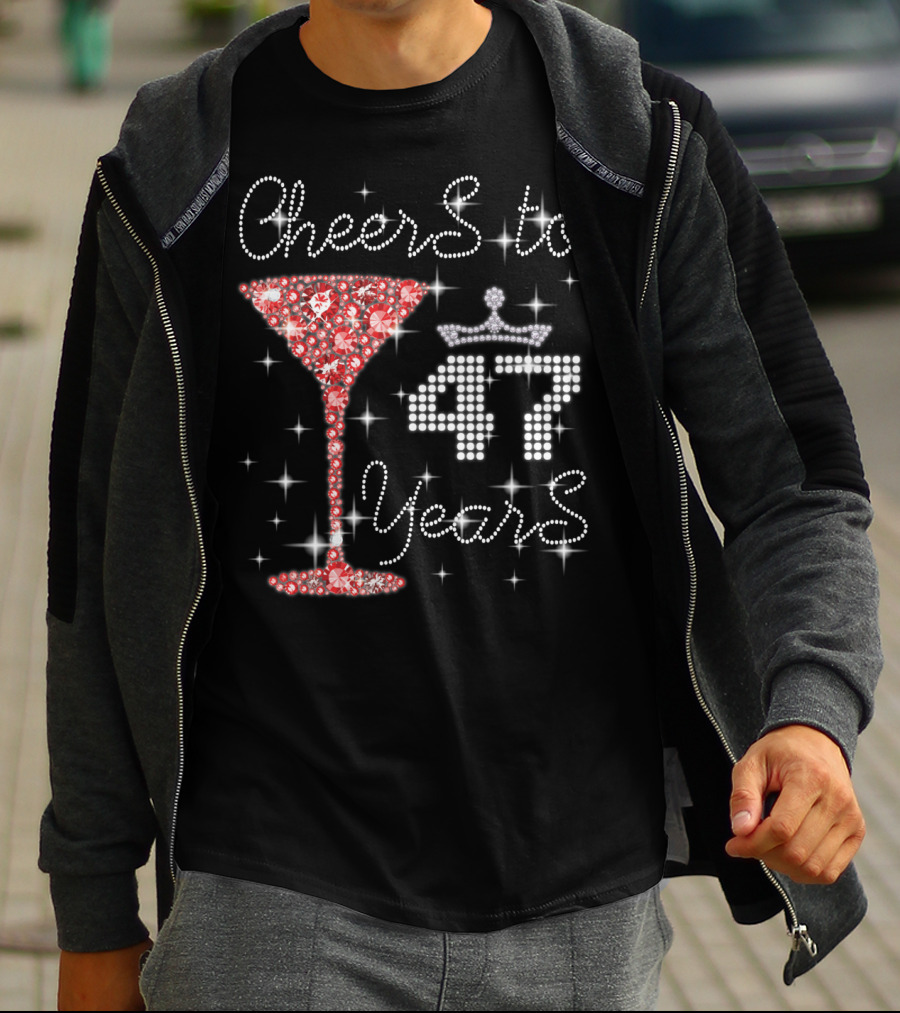 Cheers To 47 Years Sparkling Martini Glass And Crown T-Shirt