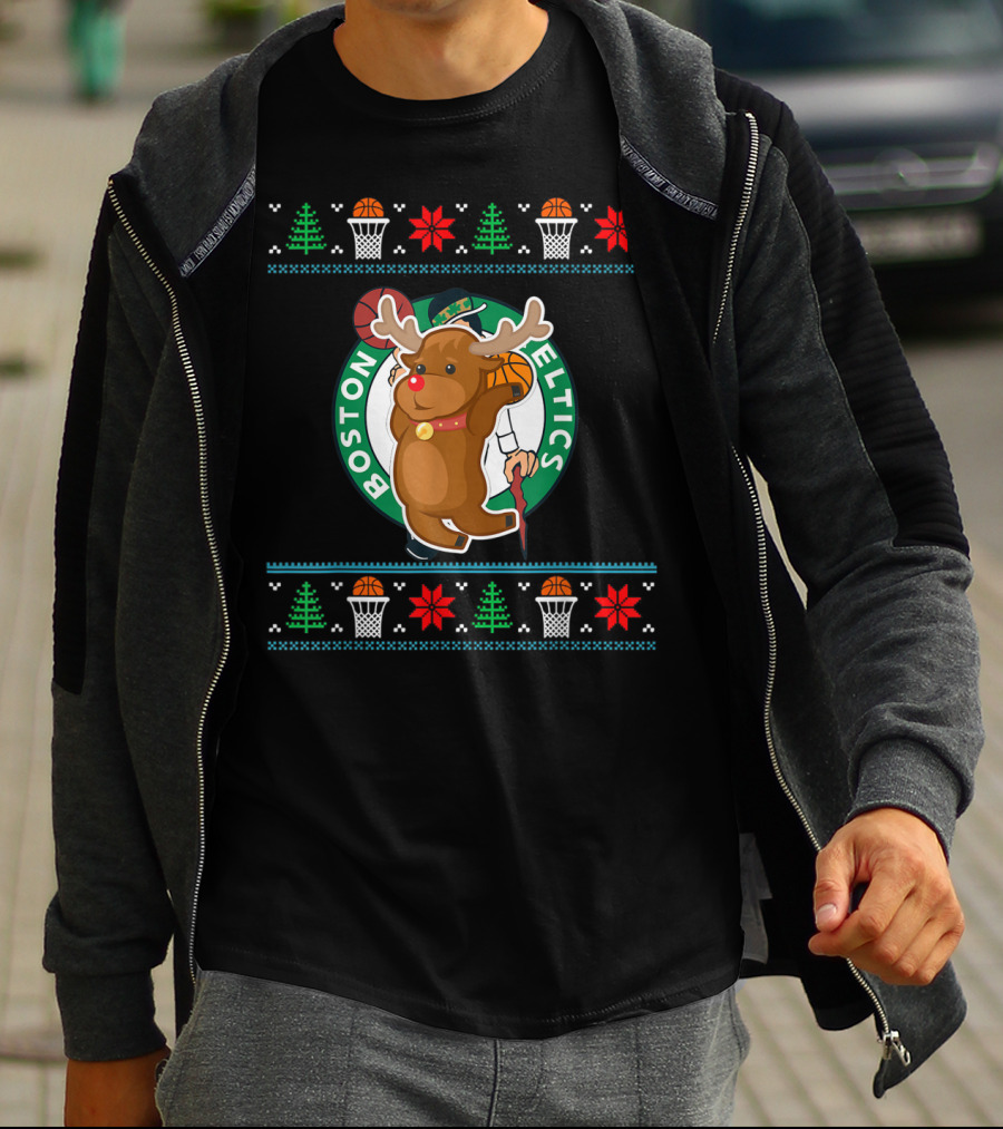 Boston Celtics Reindeer Ugly Christmas Basketball T-Shirt