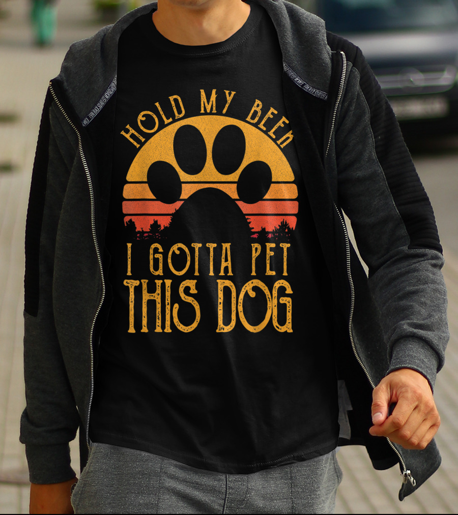 Hold My Beer I Gotta Pet This Dog Retro Vintage Paw Print Sunset T-Shirt