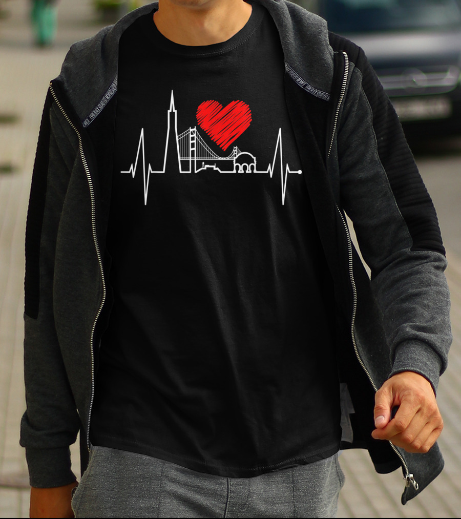 San Francisco Heartbeat Skyline California USA Iconic Landmarks With Heart And Pulse T-Shirt