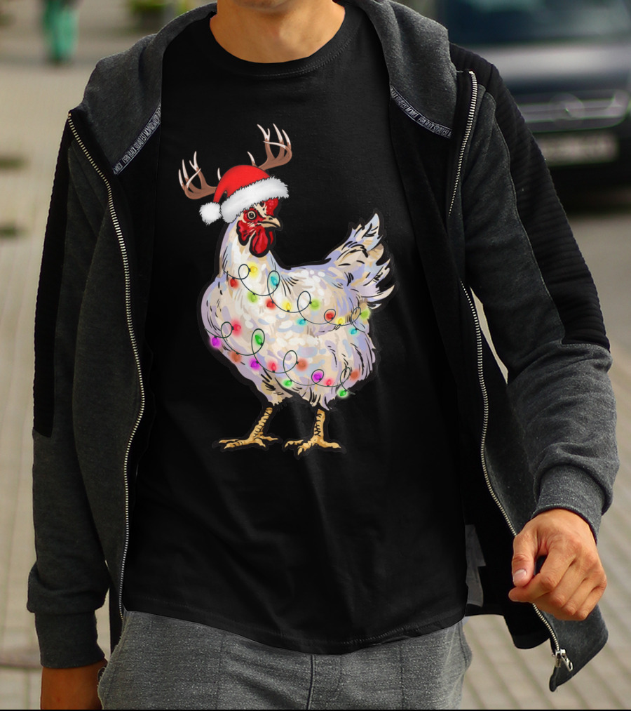Santa Chicken Reindeer With Christmas Lights And Antlers T-Shirt