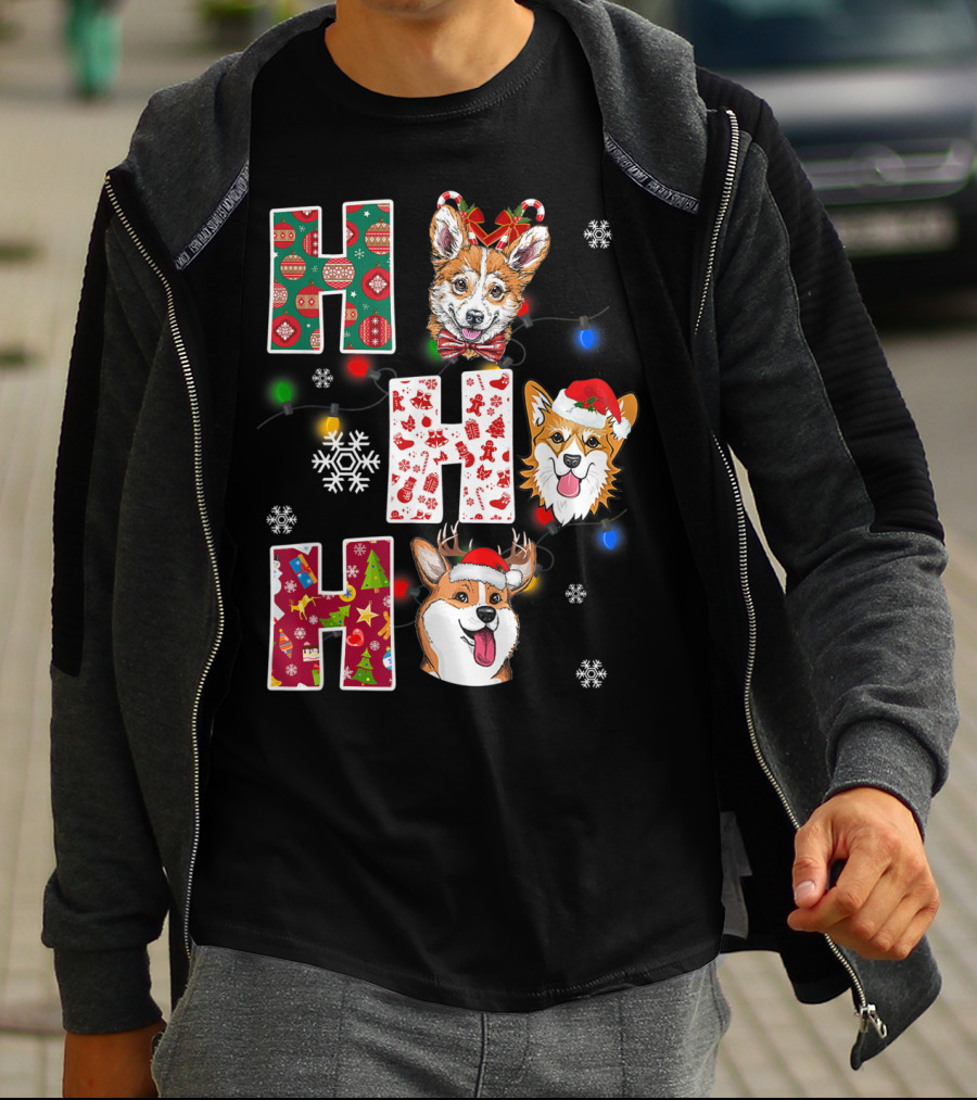 Ho Ho Ho Santa Corgi Christmas Lights Snowflakes T-Shirt