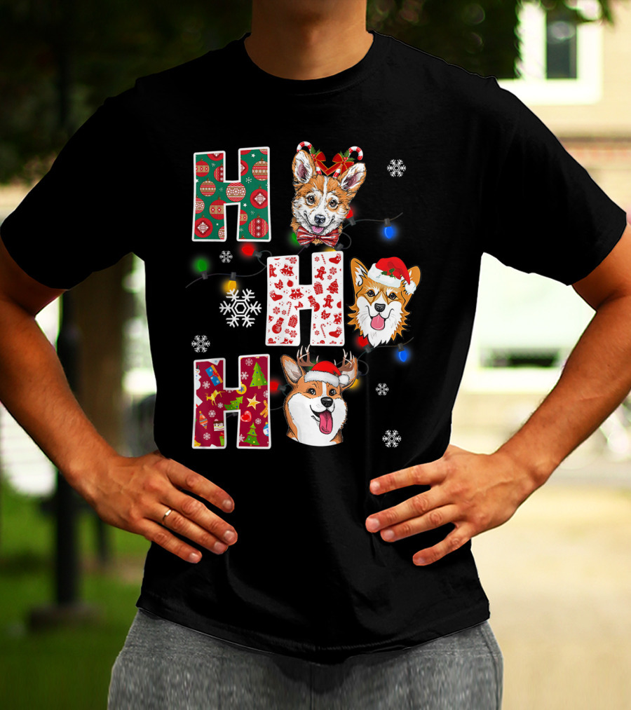 Ho Ho Ho Santa Corgi Christmas Lights Snowflakes T-Shirt
