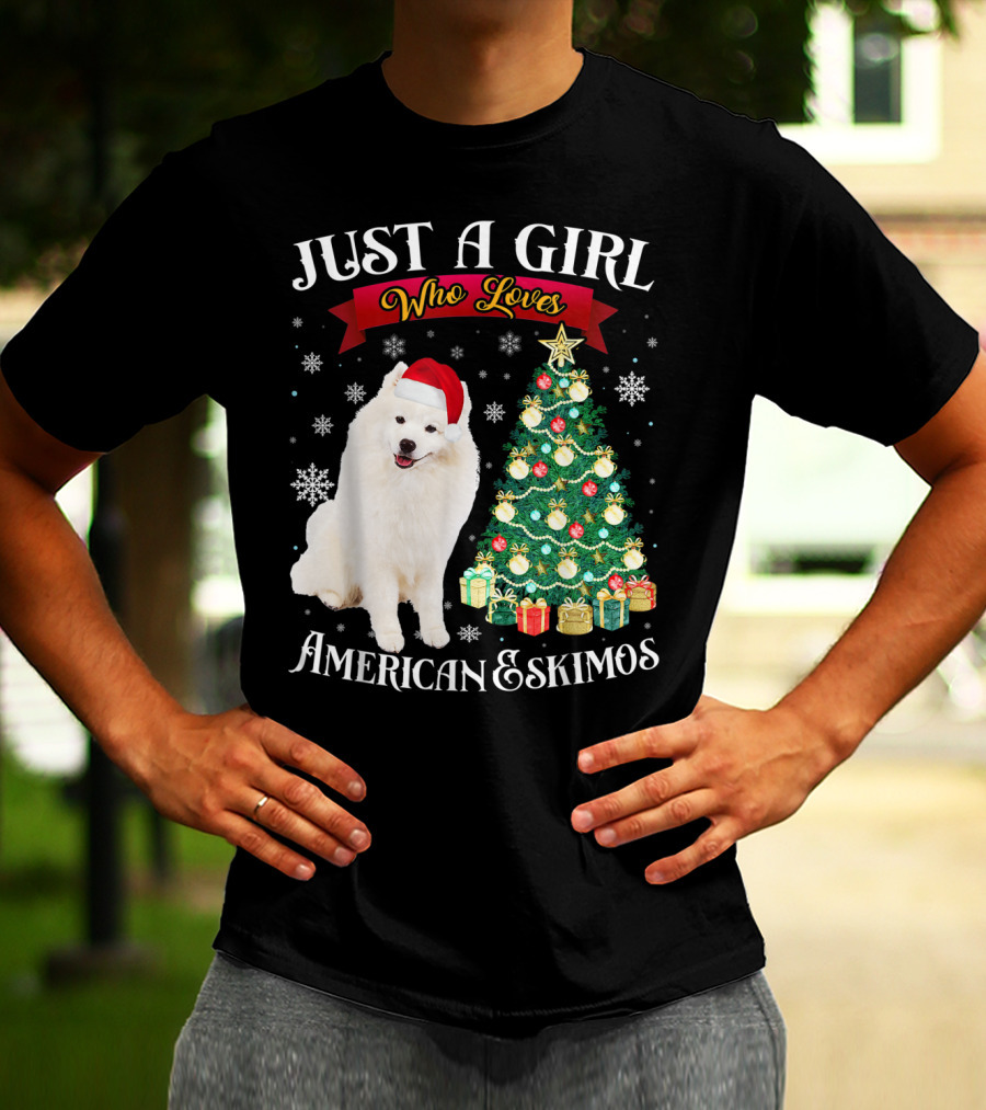 Just A Girl Who Loves American Eskimos Santa Hat Christmas Tree T-Shirt