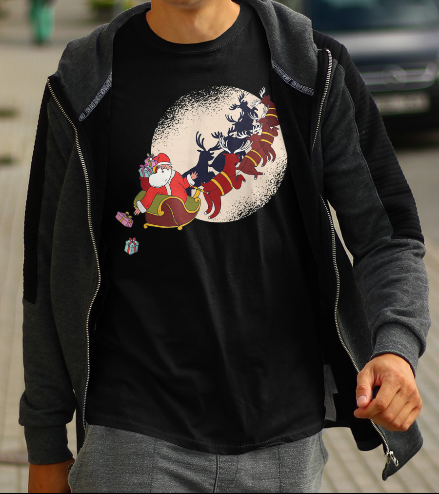 Santa Claus Flying With Reindeers Silhouette Under Full Moon Carrying Gift Sack T-Shirt