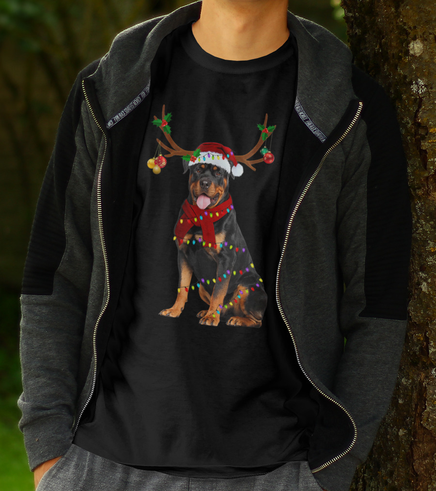 Santa Rottweiler Christmas Reindeer Lights T-Shirt