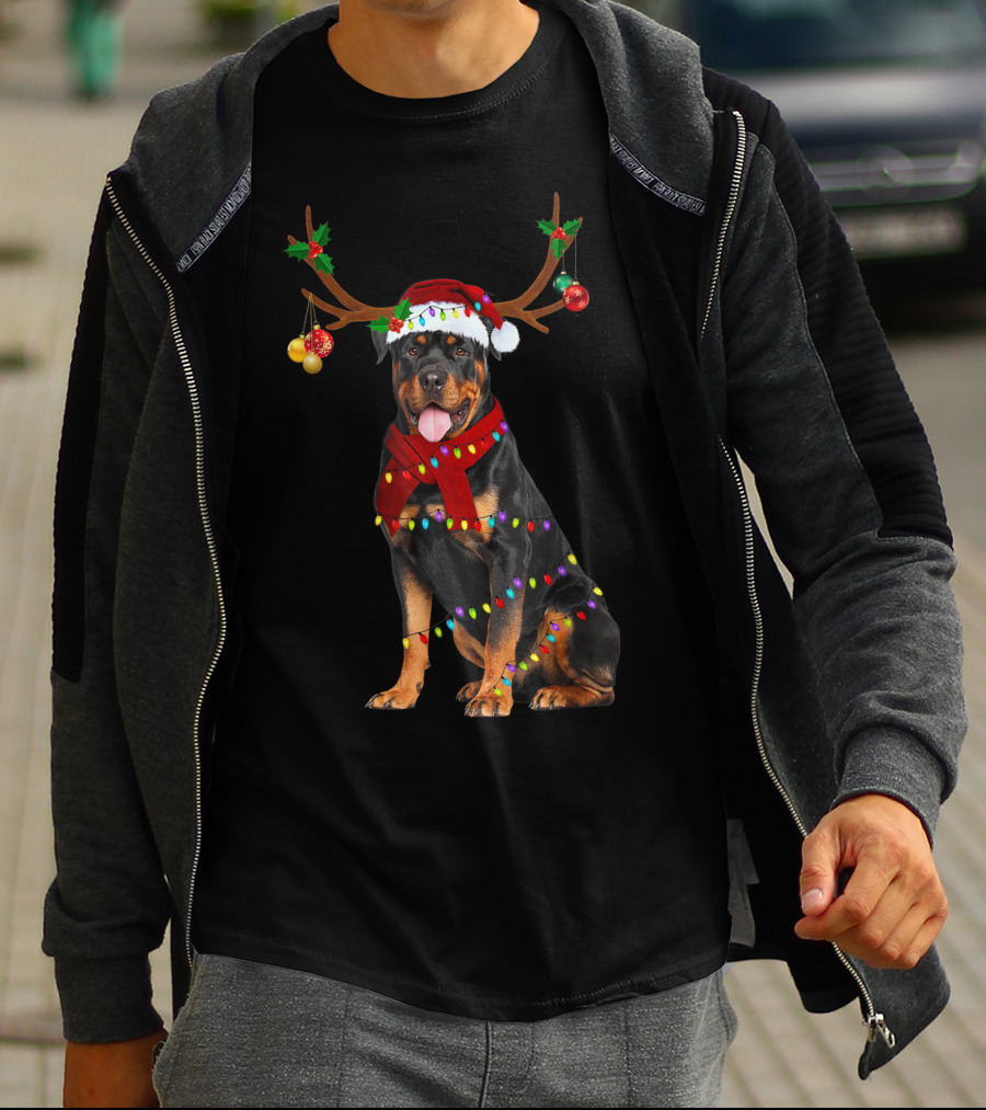 Santa Rottweiler Christmas Reindeer Lights T-Shirt