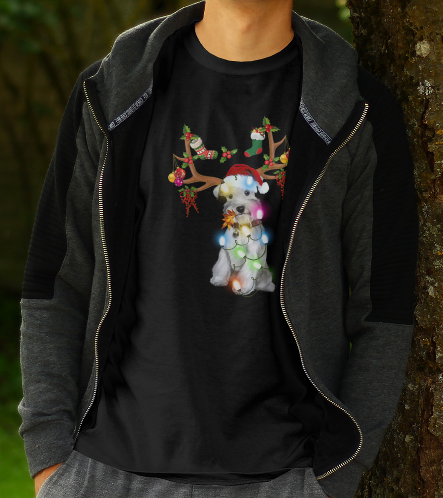 Santa Schnauzer Christmas Lights Reindeer Antlers Holiday Lover T-Shirt