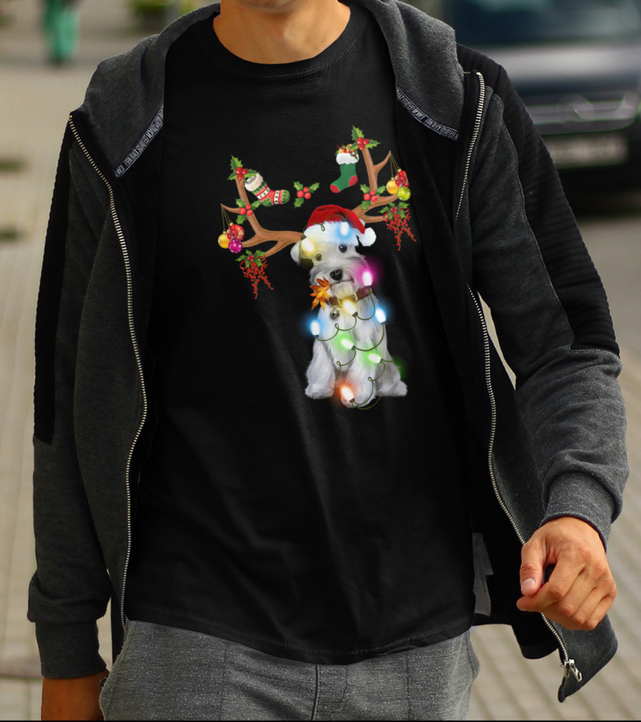 Santa Schnauzer Christmas Lights Reindeer Antlers Holiday Lover T-Shirt