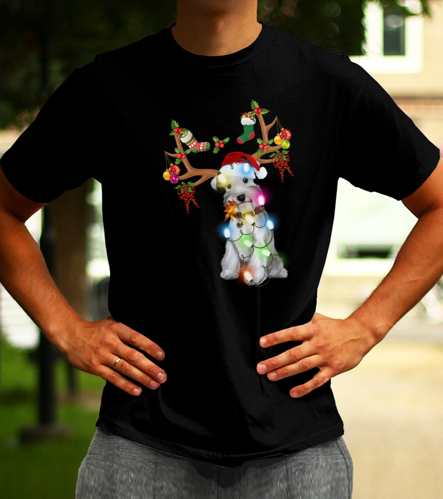 Santa Schnauzer Christmas Lights Reindeer Antlers Holiday Lover T-Shirt