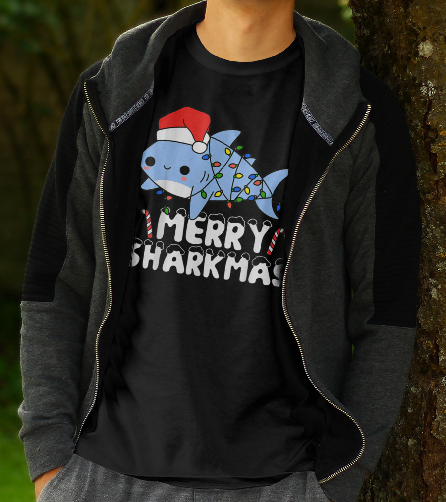 Merry Sharkmas Santa Shark Christmas Lights Boys T-Shirt