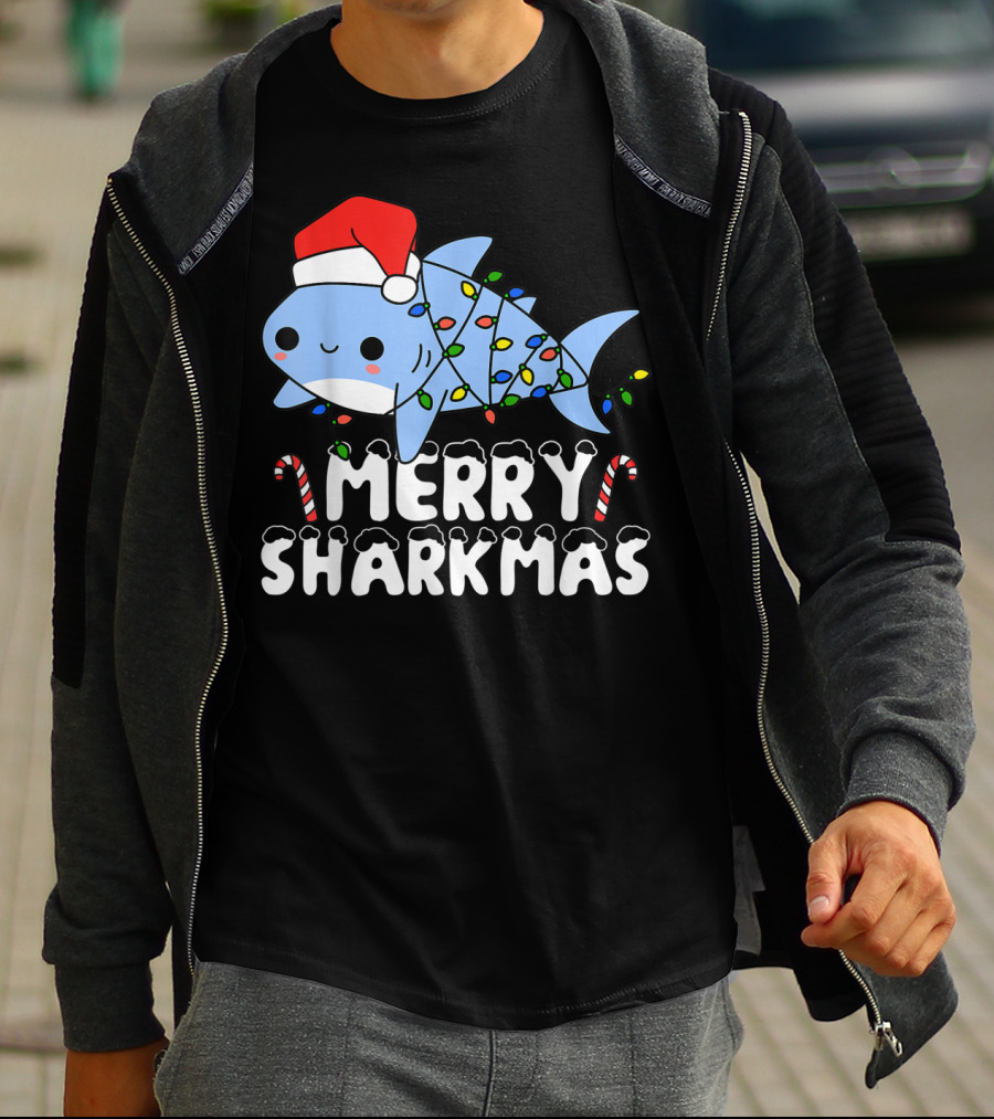 Merry Sharkmas Santa Shark Christmas Lights Boys T-Shirt