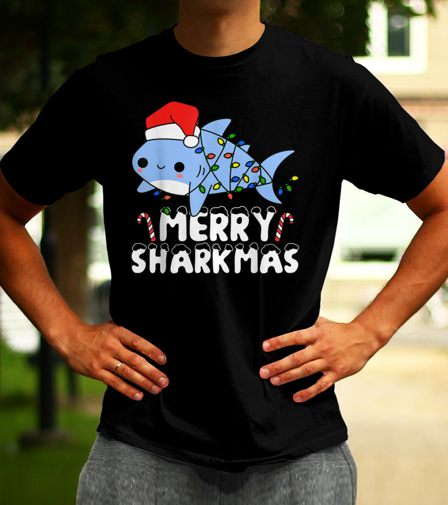 Merry Sharkmas Santa Shark Christmas Lights Boys T-Shirt