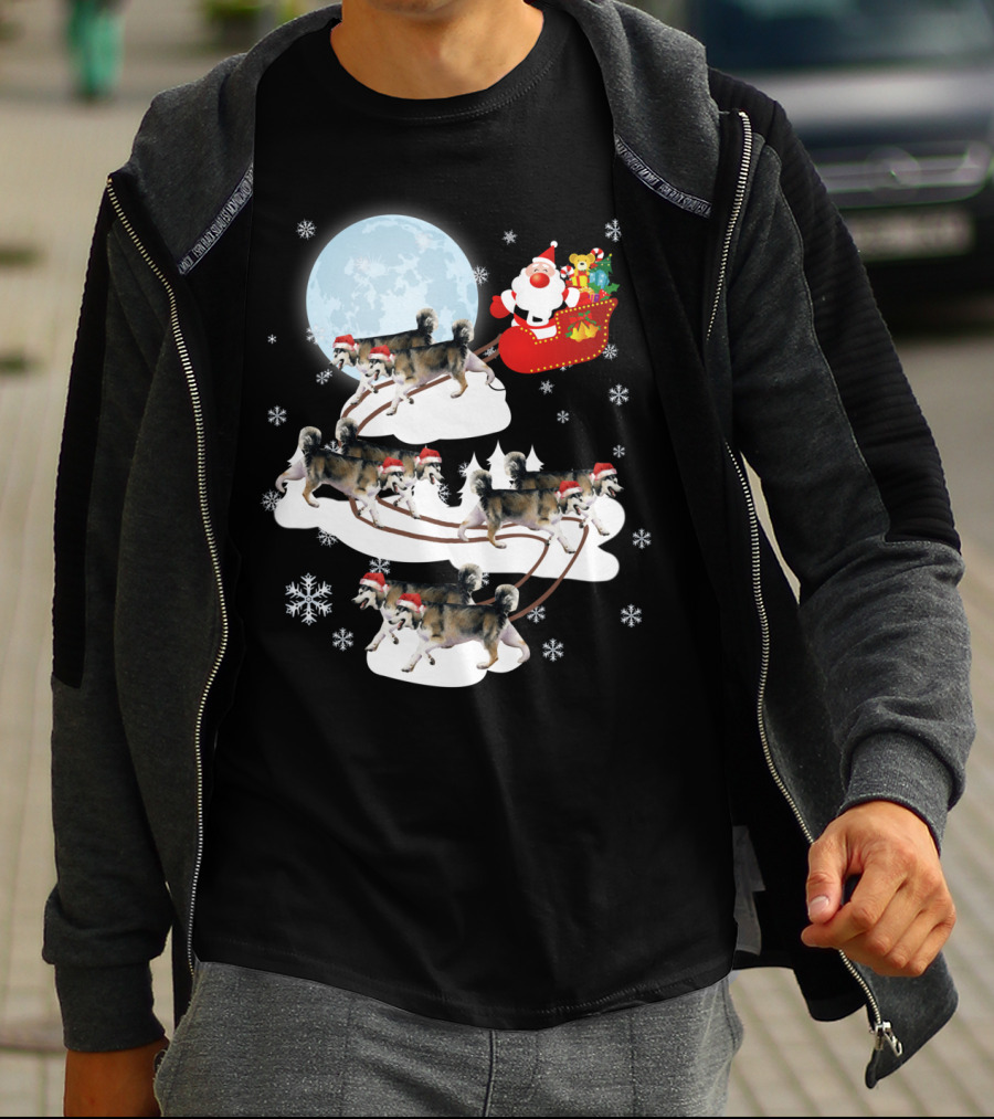 Santa Sleigh Alaskan Malamute Christmas Dog Moon Snowflakes T-Shirt