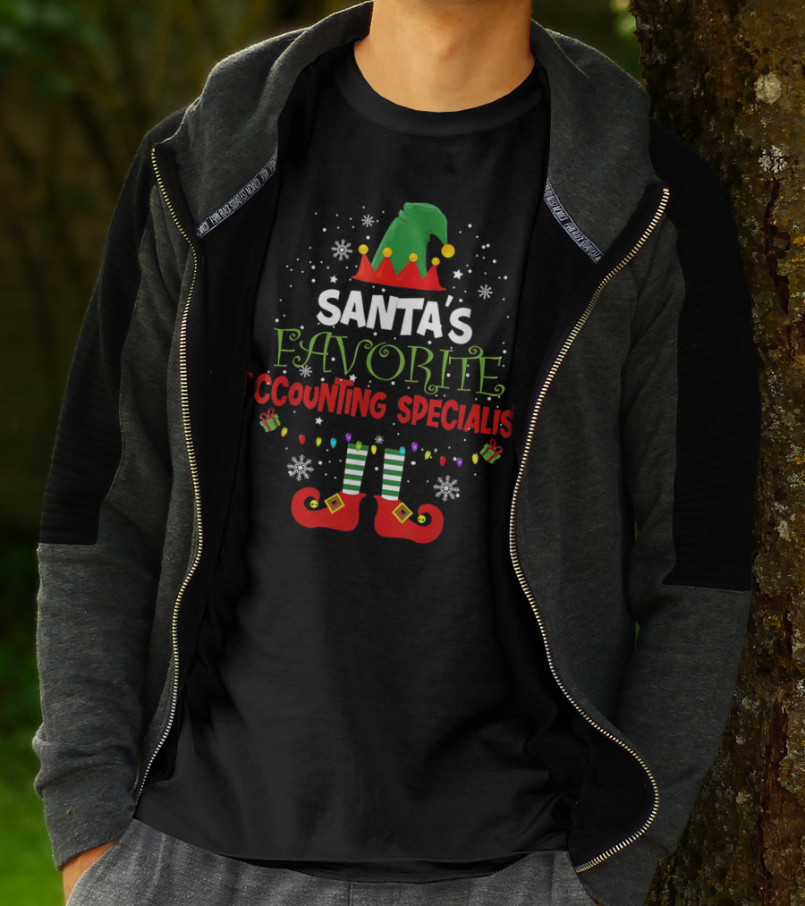 Santa's Favorite Accounting Specialist Elf Theme With Christmas Snowflakes And Gifts T-Shirt