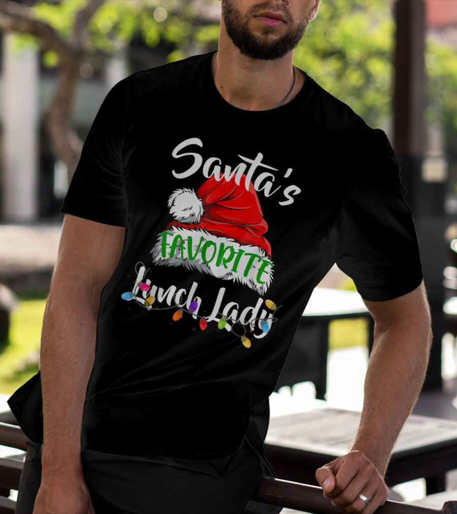Santa's Favorite Lunch Lady Santa Hat Christmas Lights T-Shirt