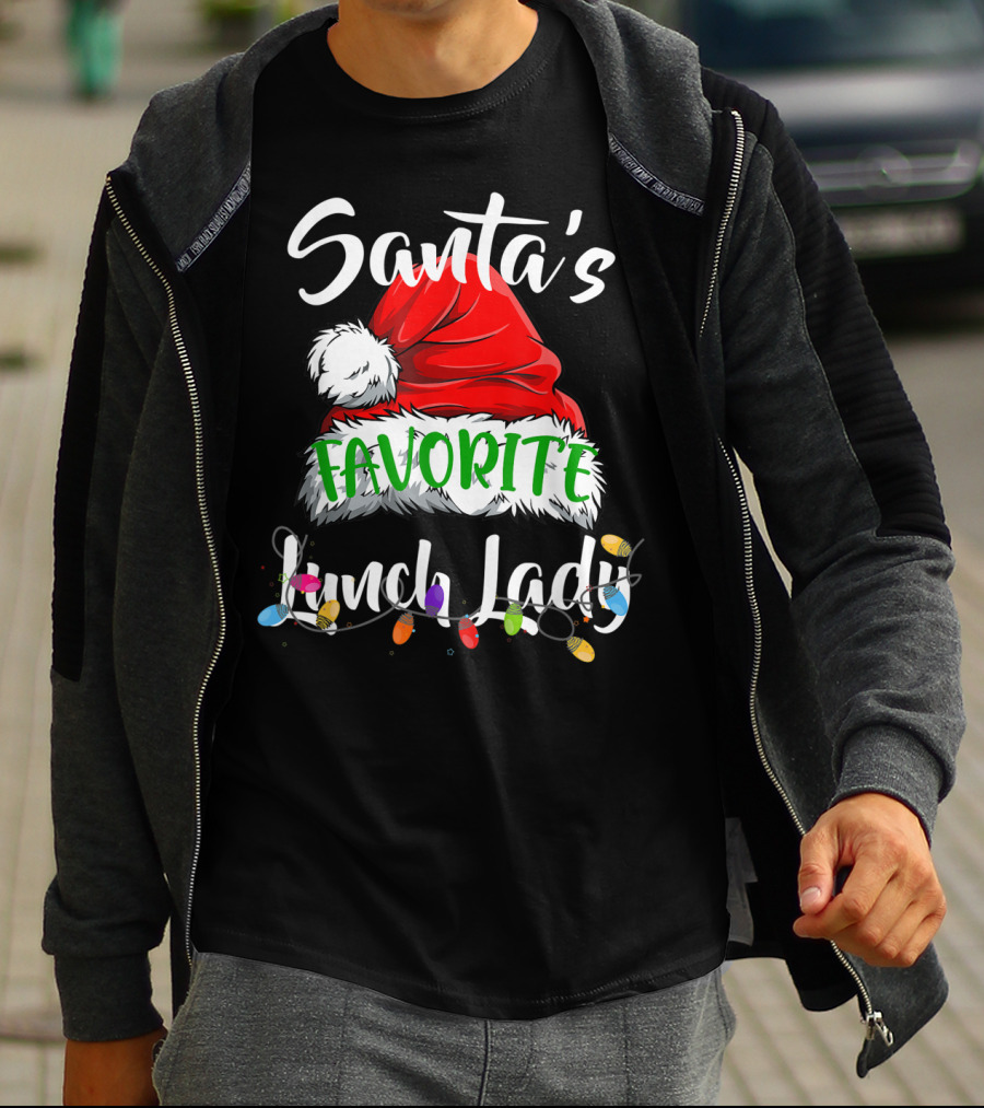 Santa's Favorite Lunch Lady Santa Hat Christmas Lights T-Shirt