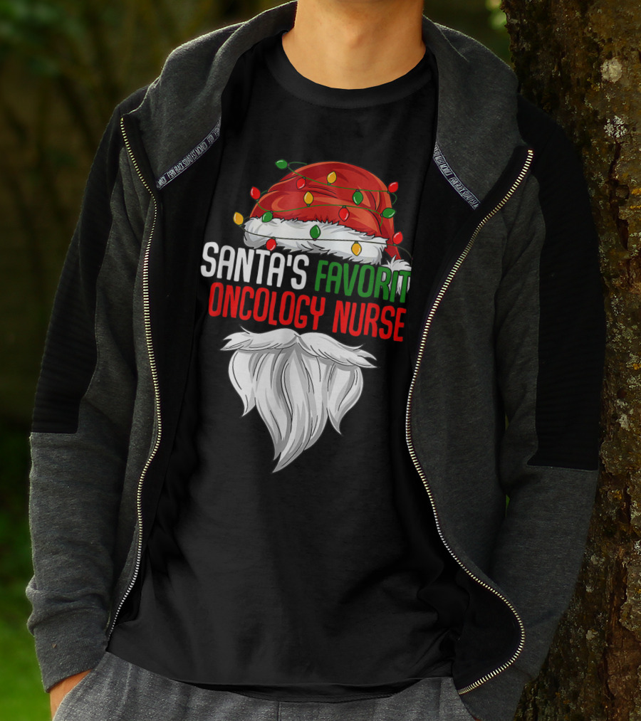 Santa's Favorite Oncology Nurse Christmas Lights And Beard T-Shirt