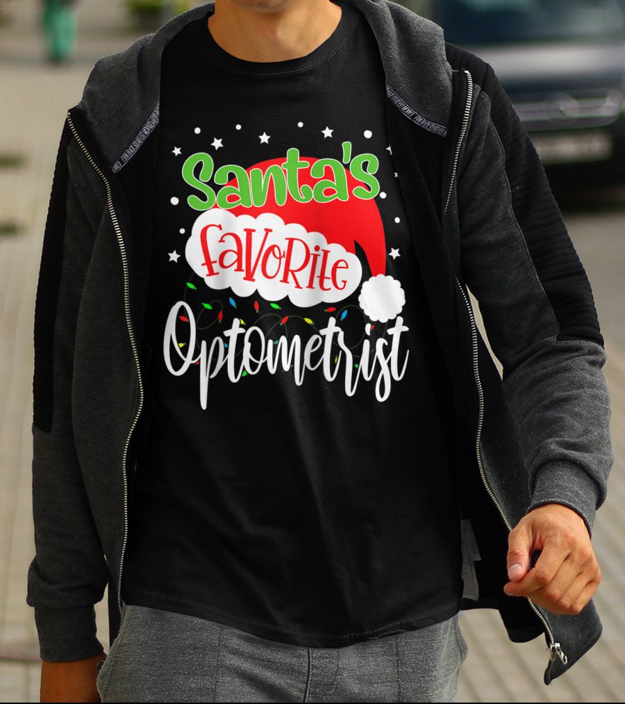 Santa's Favorite Optometrist Christmas Santa Hat And Lights T-Shirt