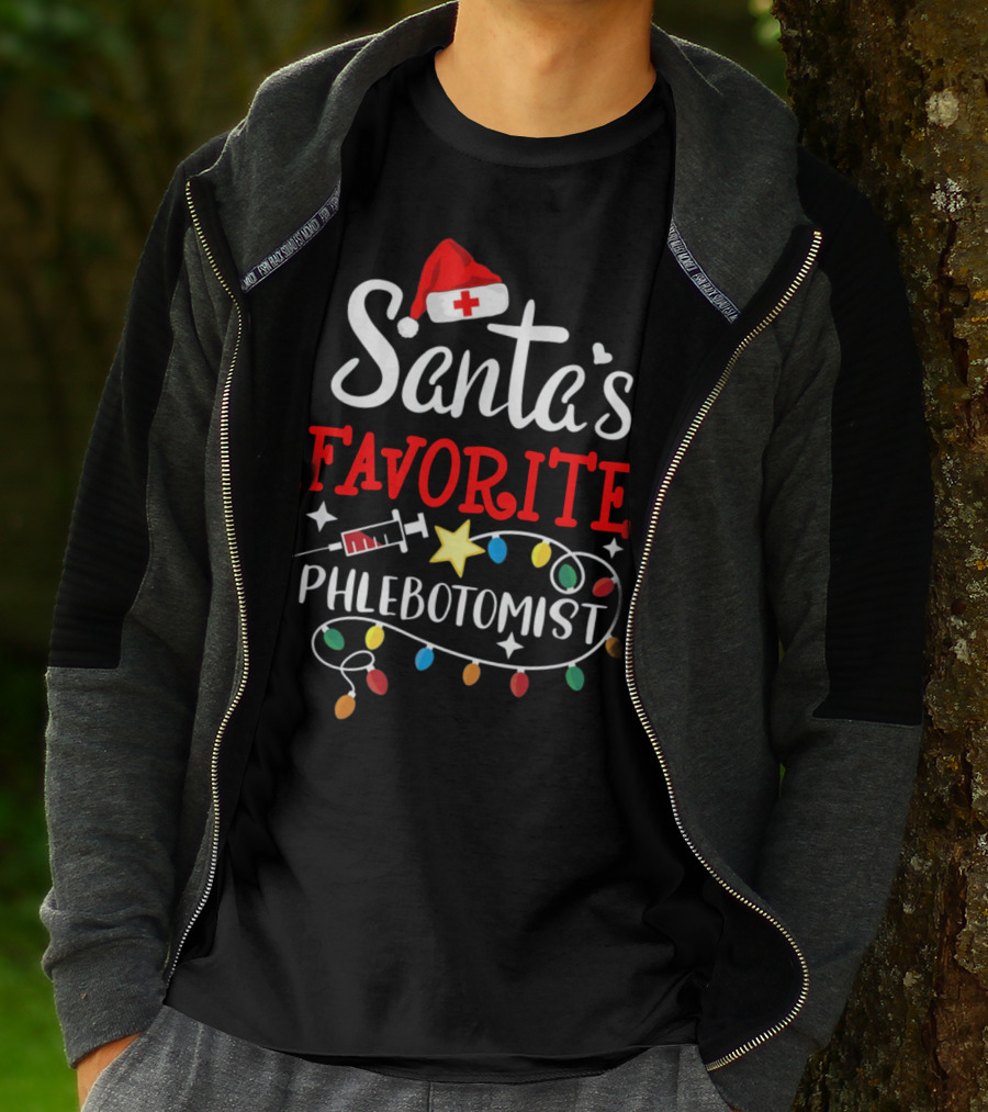 Santa's Favorite Phlebotomist With Santa Hat, Syringe, And Festive Lights T-Shirt