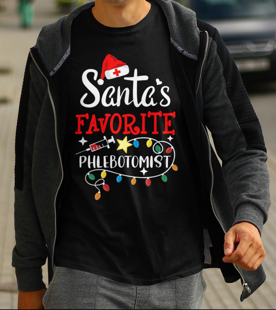 Santa's Favorite Phlebotomist With Santa Hat, Syringe, And Festive Lights T-Shirt