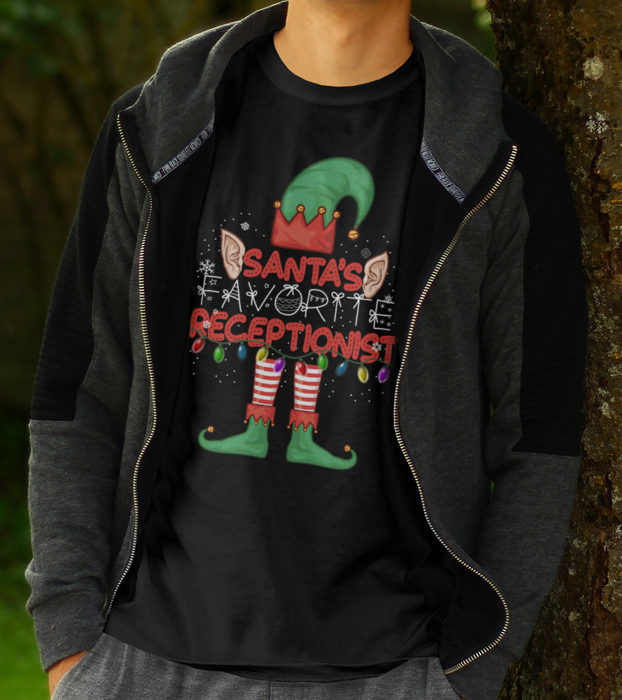 Santa's Favorite Receptionist Elf Hat Christmas Lights T-Shirt