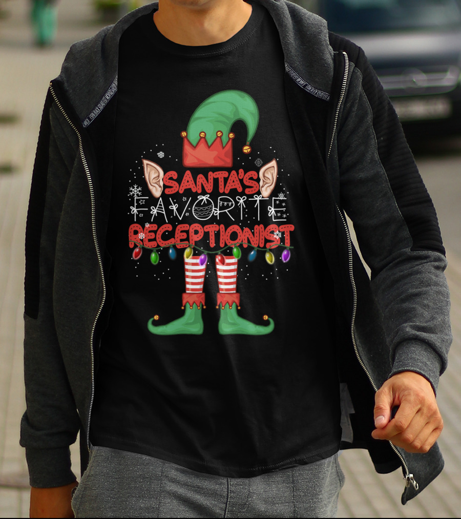 Santa's Favorite Receptionist Elf Hat Christmas Lights T-Shirt