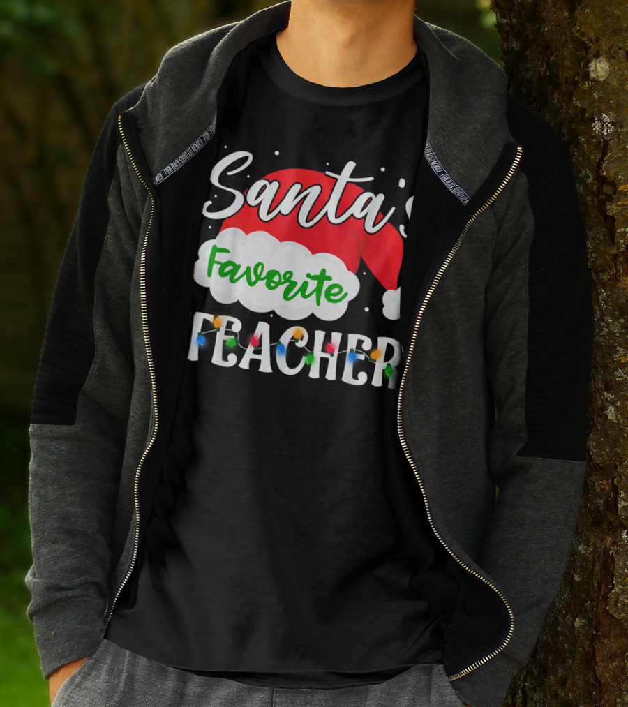 Santa's Favorite Teacher Holiday Santa Hat With Christmas Lights T-Shirt