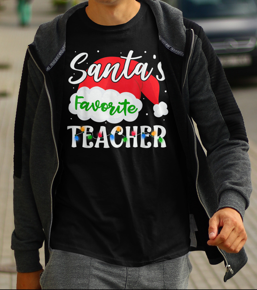 Santa's Favorite Teacher Holiday Santa Hat With Christmas Lights T-Shirt