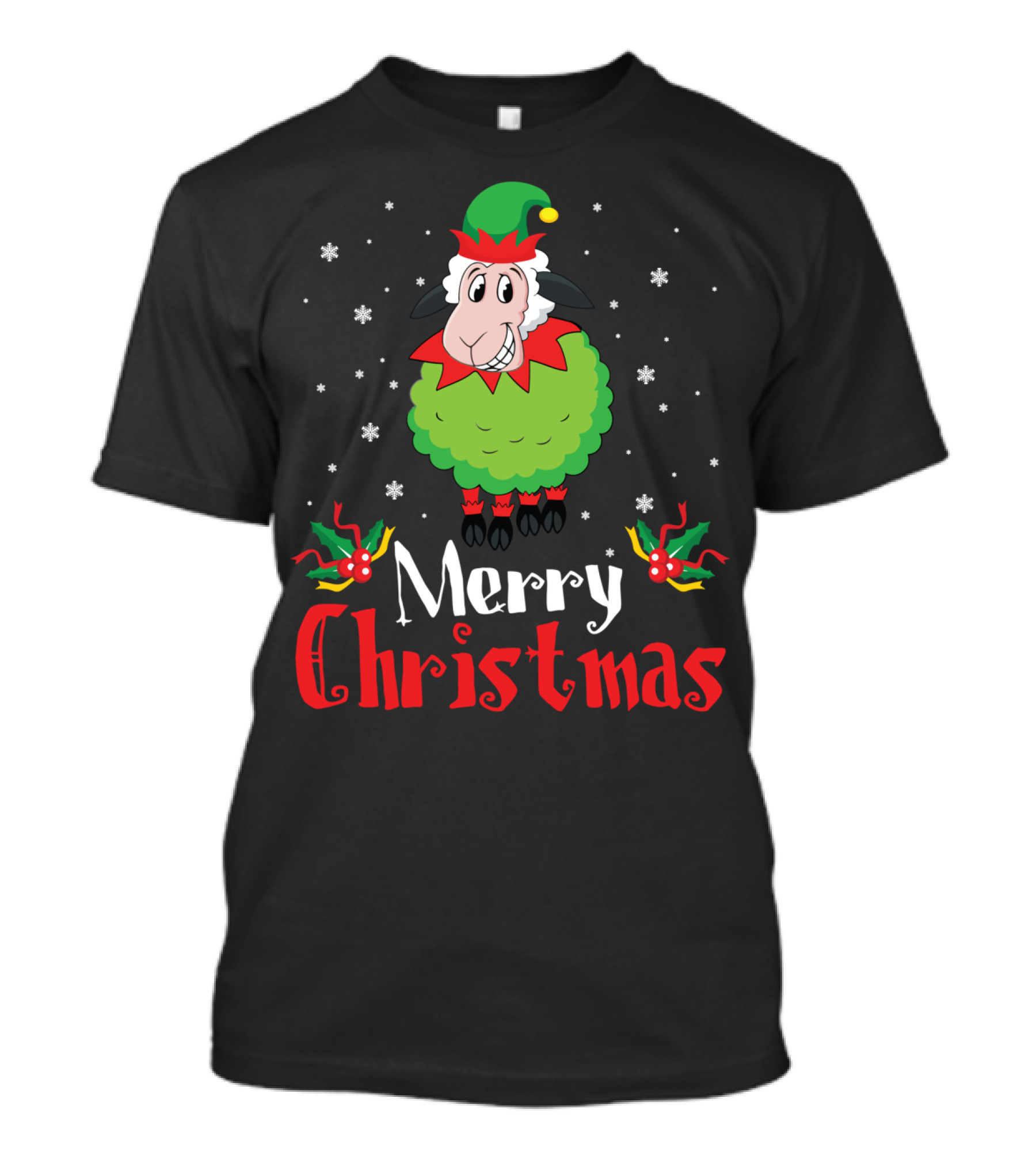 Merry Christmas Sheep In Elf Costume With Snowflakes T-Shirt