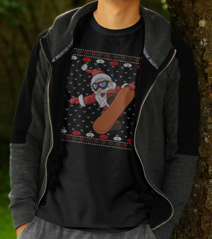 Snowboarding Santa With Goggles In Ugly Christmas T-Shirt